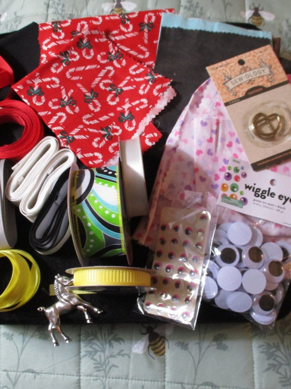 Random Lot of Craft Supplies Ribbons Fabric Google Eyes